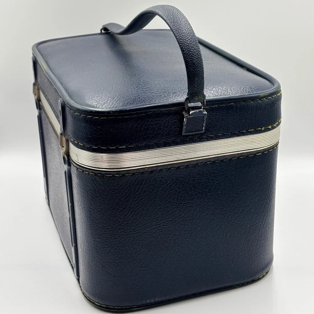 Vintage Amelia Earhart Train Case Navy Blue Hard Shell Vanity Makeup Travel Bag